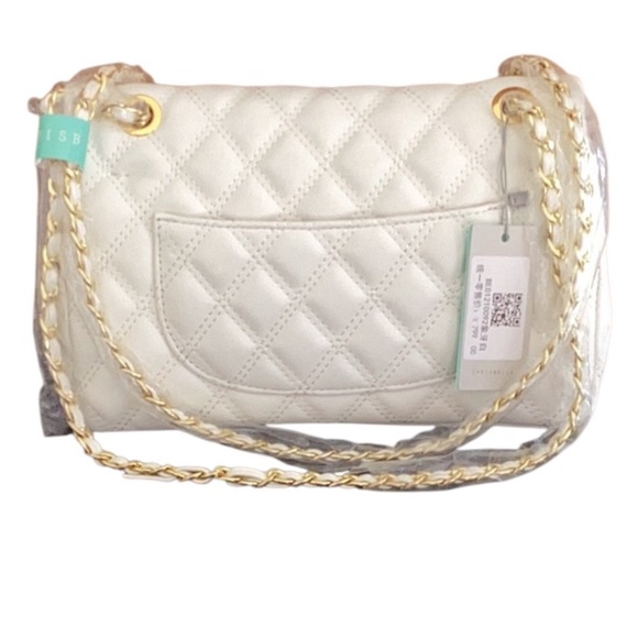 Chrisbella NWT White Quilted Leather Gold Women's Crossbody Bag Double Flap - Picture 4 of 9